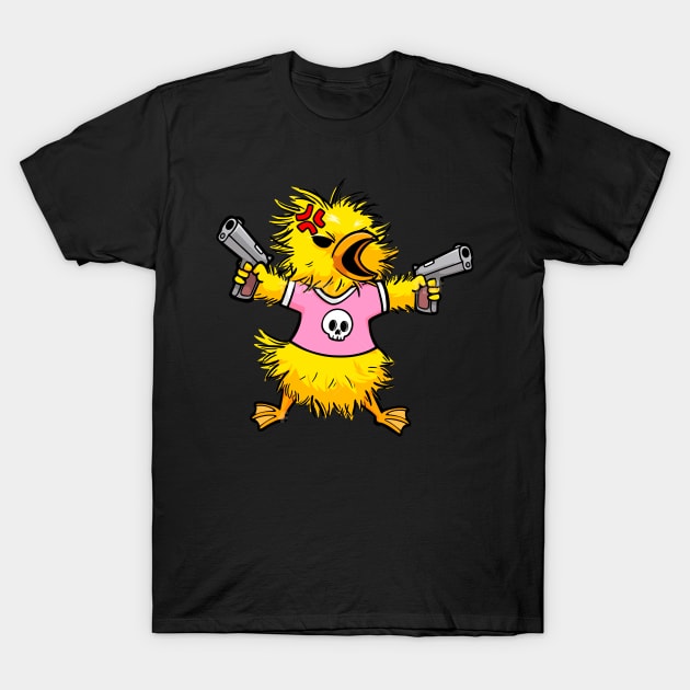 The Fierce Firearm Fowl: Angry Baby Chicken Duck with Dual Guns T-Shirt by Holymayo Tee